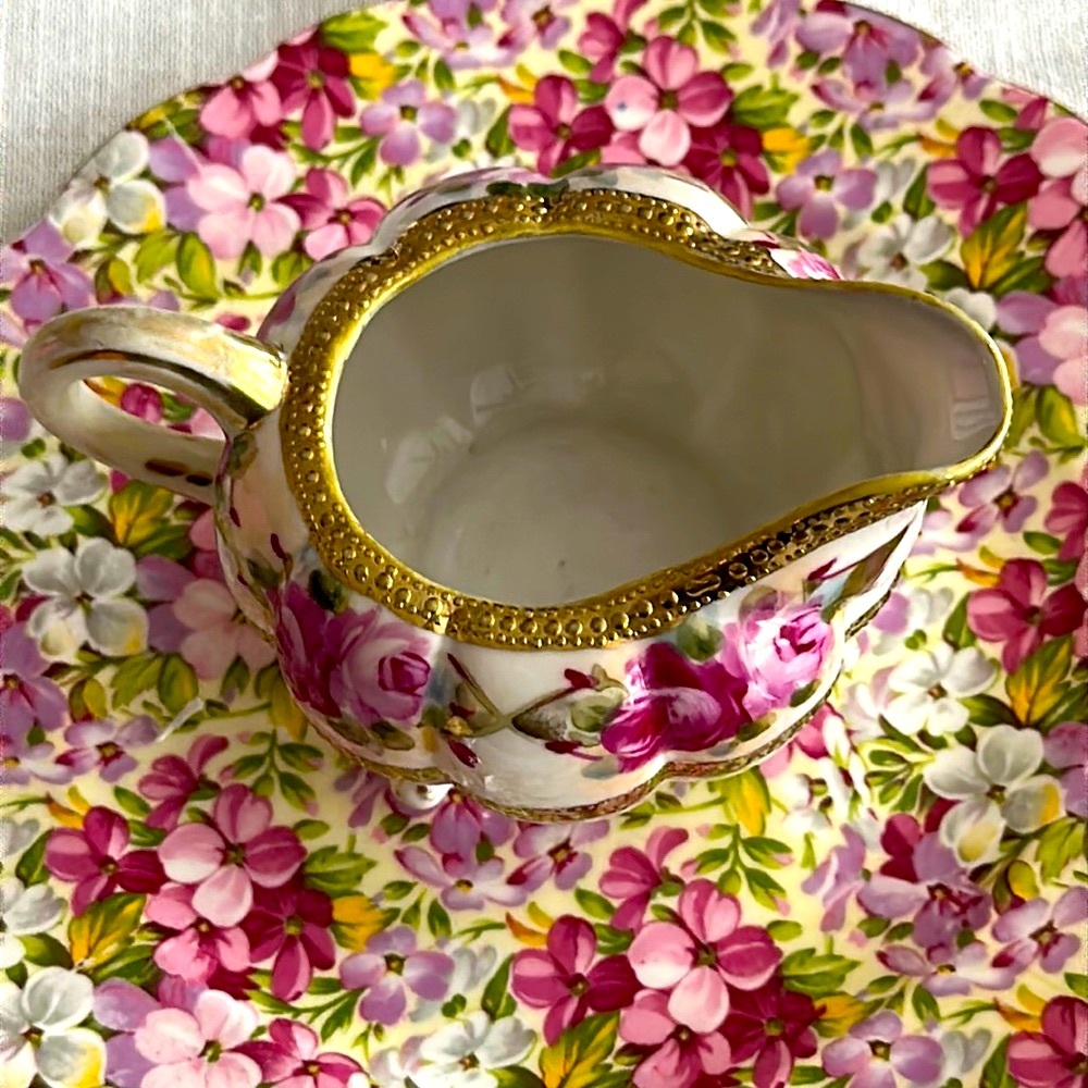 Roses and gold painted creamer pitcher scalloped with golden details